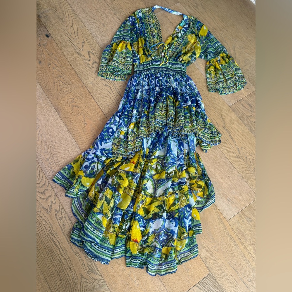 ANTICA SARTORIA by Giacomo Cinque LEMONS blue Mediterranean sequin sheer Dress - Picture 8 of 14